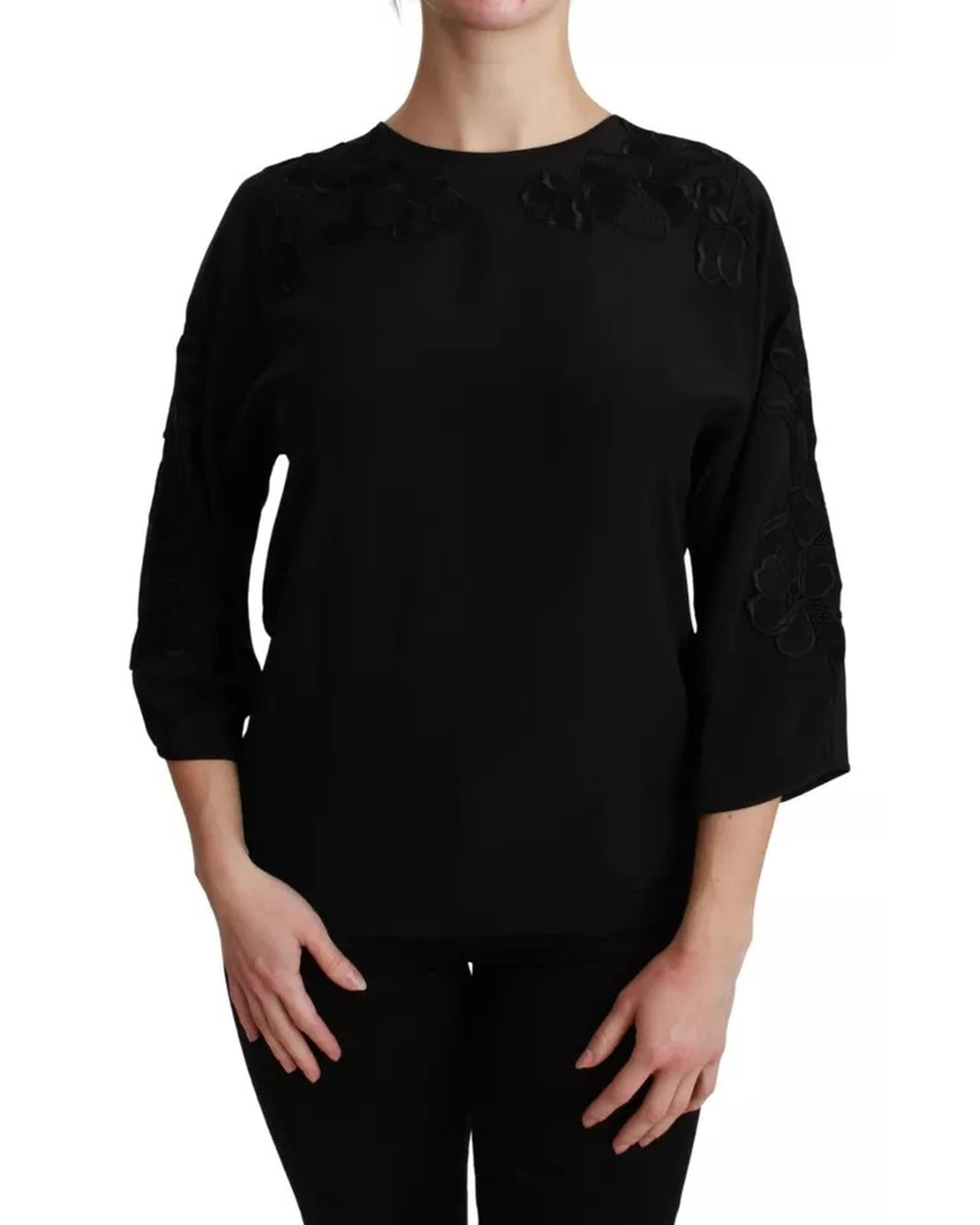 Dolce & Gabbana Floral Embroidered Silk Blouse with 3/4 Sleeves Black
