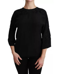 Dolce & Gabbana Floral Embroidered Silk Blouse with 3/4 Sleeves Black