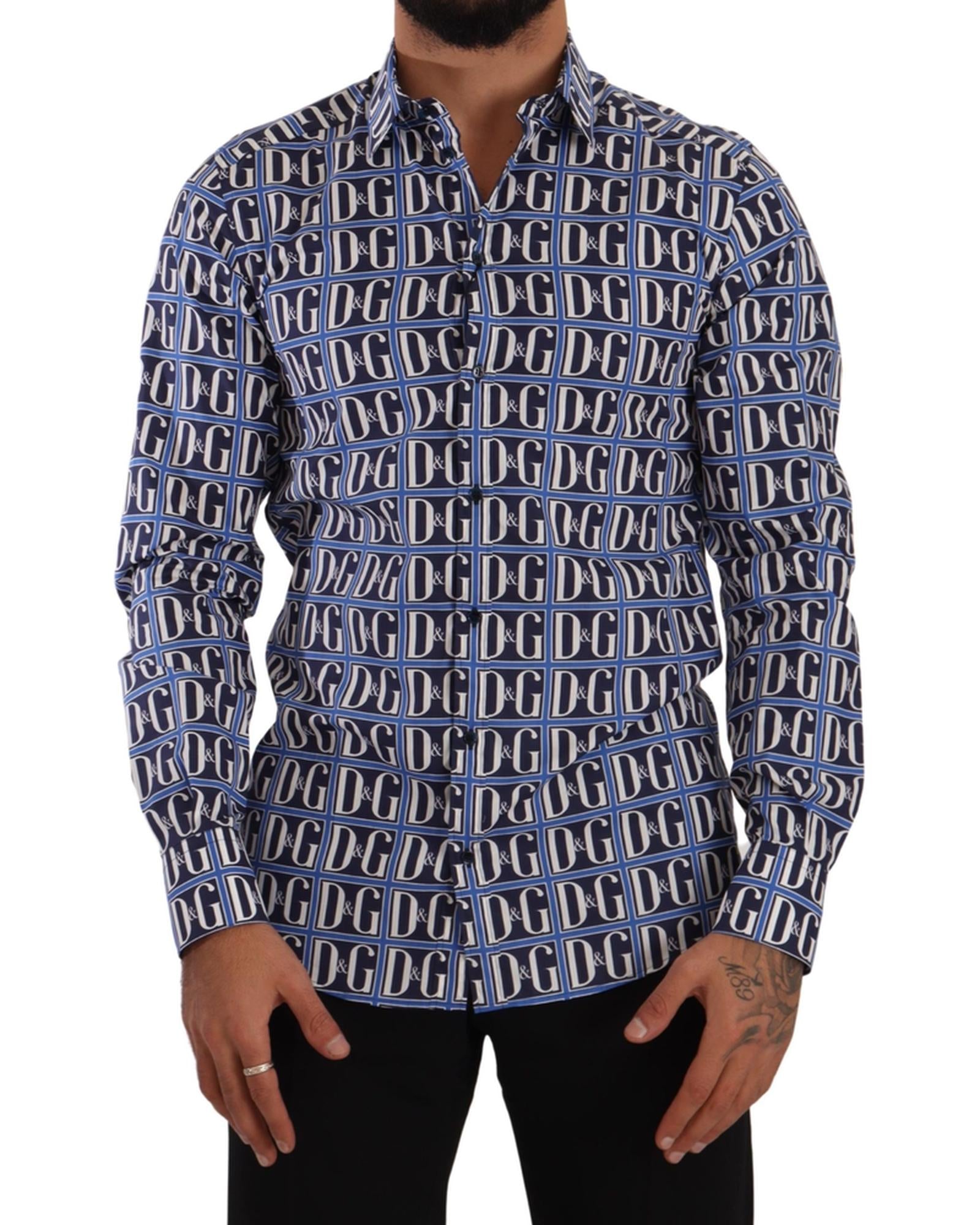 Dolce & Gabbana Men's Blue DG All Over Logo Print Long Sleeve Shirt