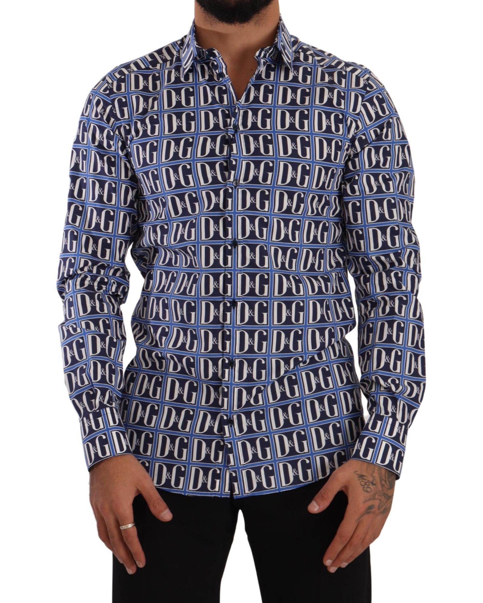 Dolce & Gabbana Men's Blue DG All Over Logo Print Long Sleeve Shirt Blue