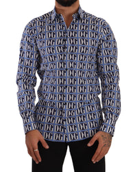 Dolce & Gabbana Men's Blue DG All Over Logo Print Long Sleeve Shirt Blue