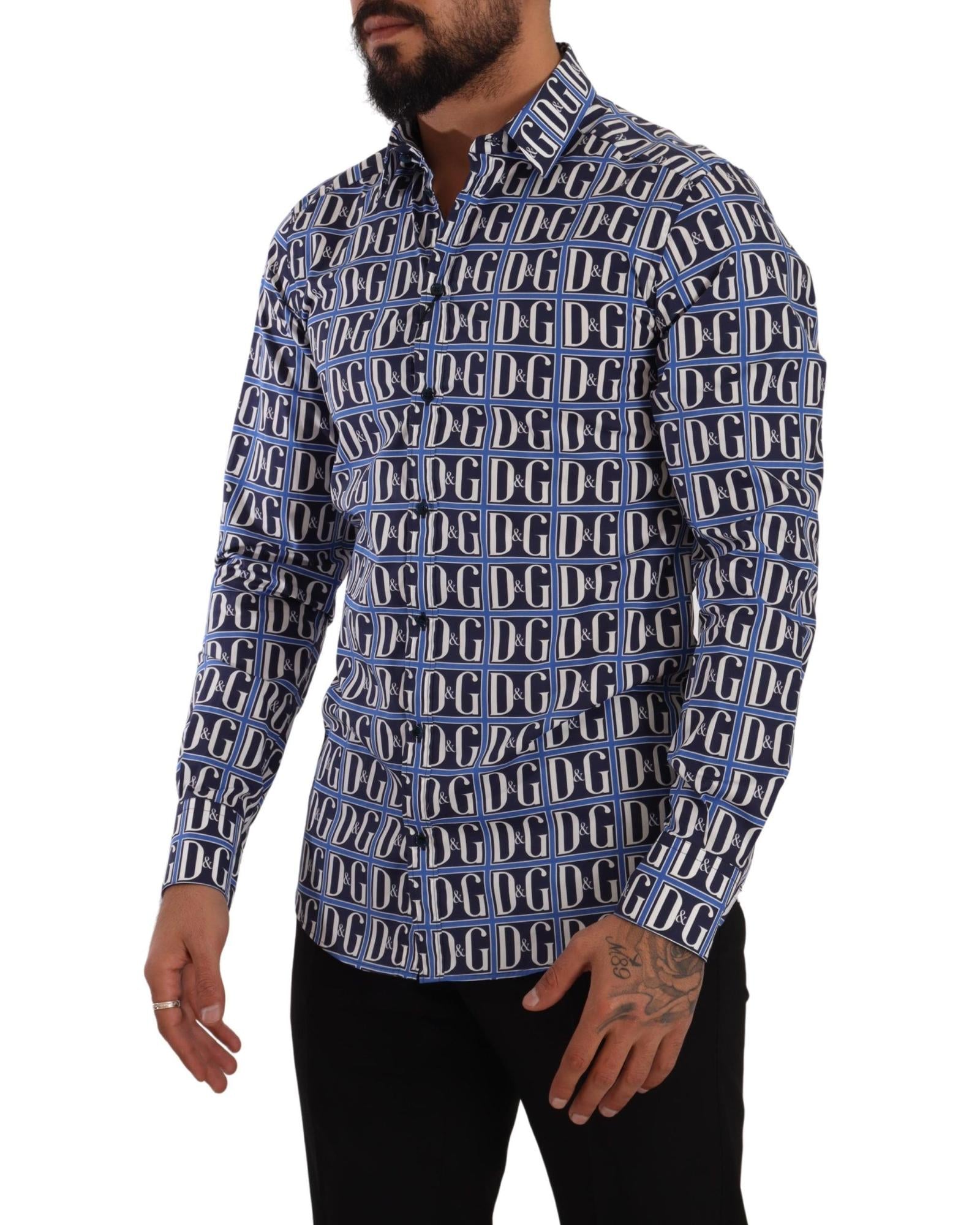 Dolce & Gabbana Men's Blue DG All Over Logo Print Long Sleeve Shirt