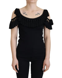 Dolce & Gabbana Black Ribbed T-shirt with Tassels