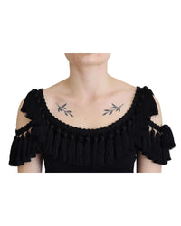 Dolce & Gabbana Black Ribbed T-shirt with Tassels