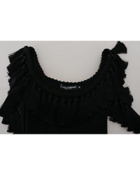 Dolce & Gabbana Black Ribbed T-shirt with Tassels