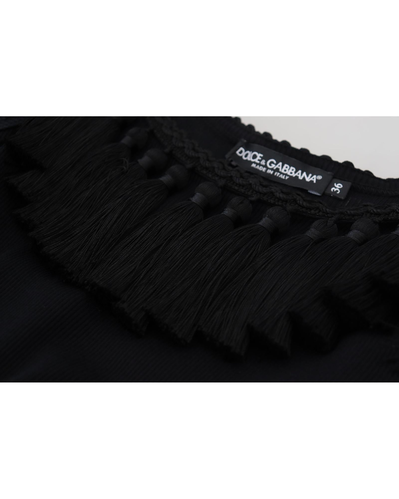 Dolce & Gabbana Black Ribbed T-shirt with Tassels