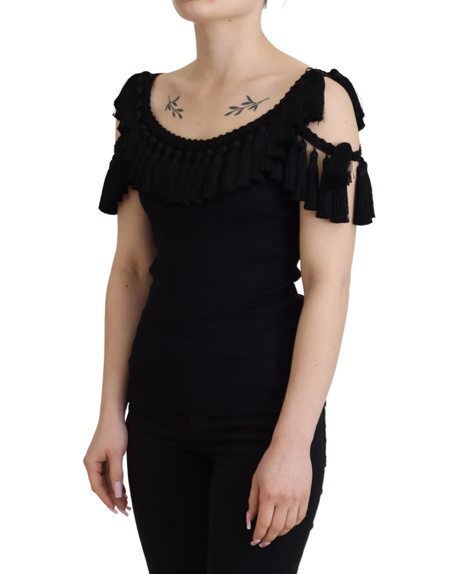 Dolce & Gabbana Black Ribbed T-shirt with Tassels