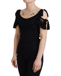 Dolce & Gabbana Black Ribbed T-shirt with Tassels