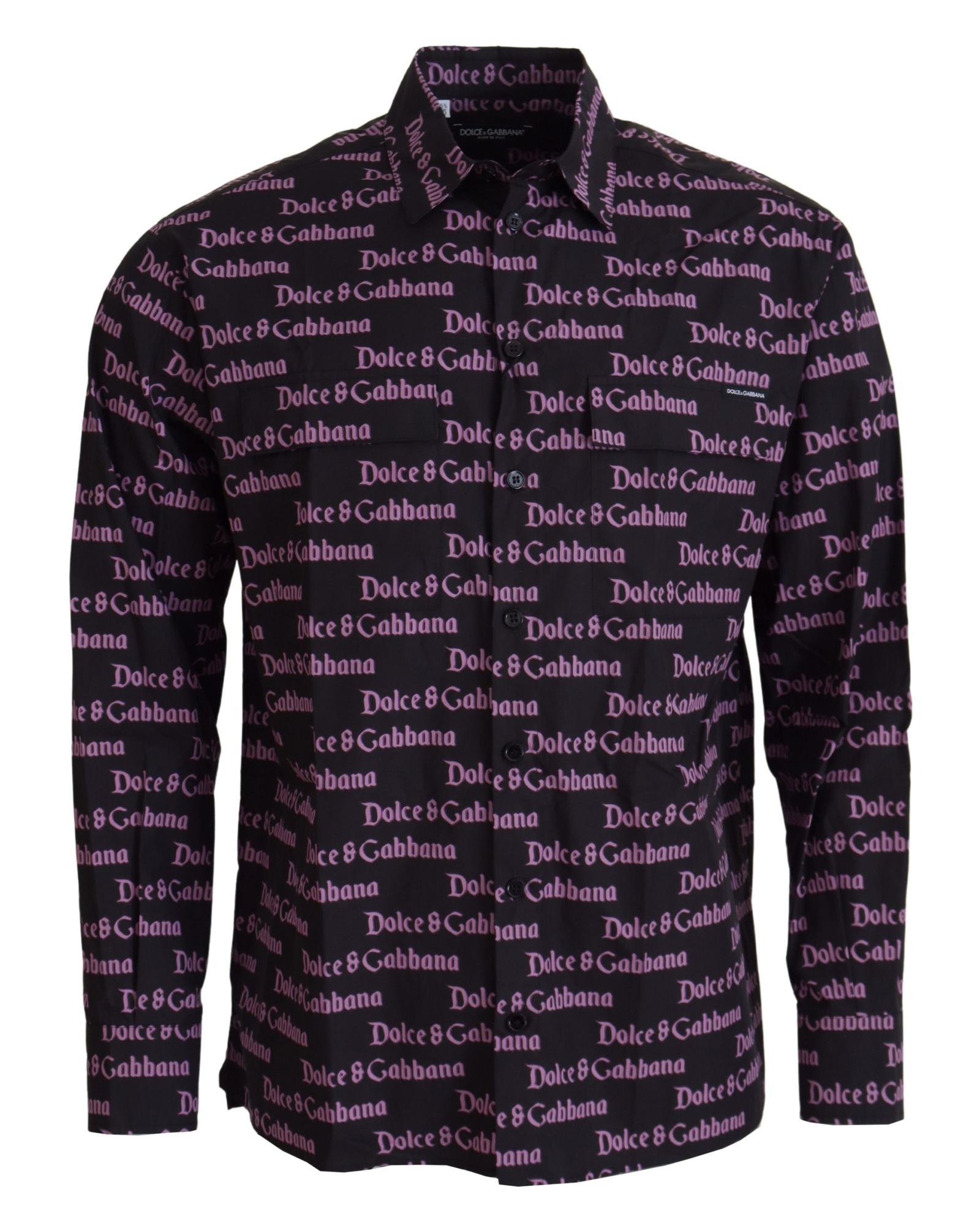 Dolce & Gabbana Men's All Over Logo Print Cotton Shirt Regular M Black