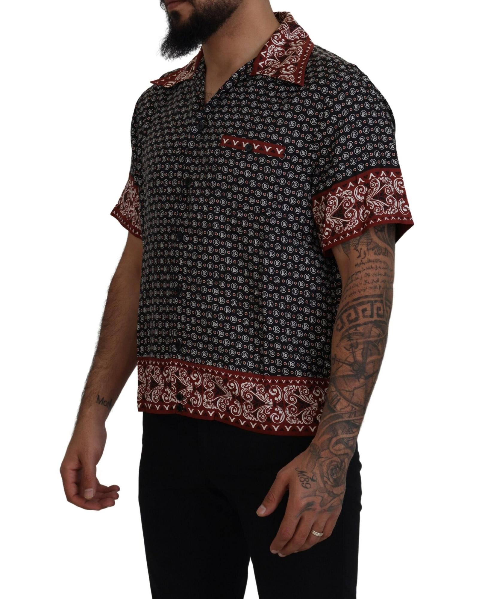 Dolce & Gabbana Men's Short Sleeve Silk Shirt DG Pattern Black