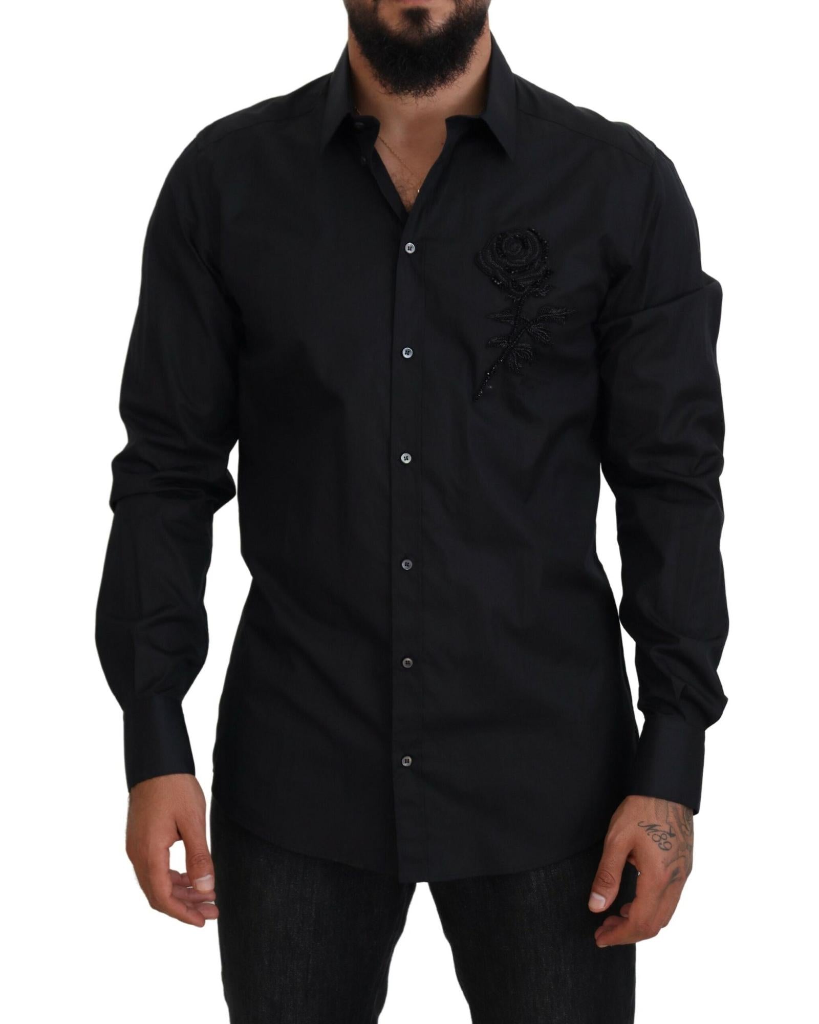 Dolce & Gabbana  Men's Rose Embroidered Long Sleeve Shirt Black