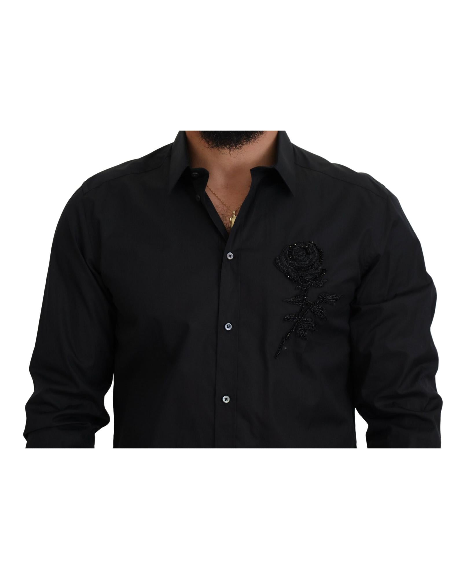 Dolce & Gabbana  Men's Rose Embroidered Long Sleeve Shirt Black