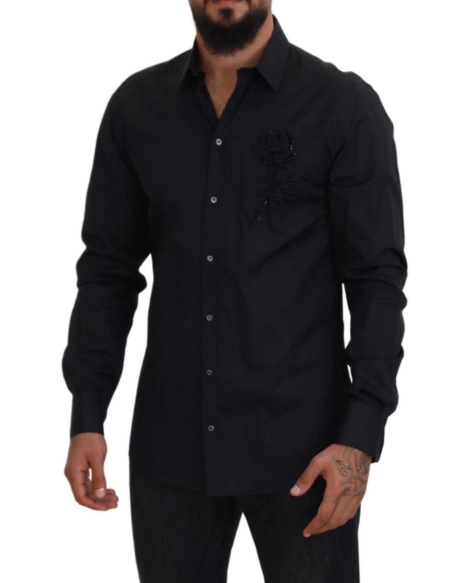 Dolce & Gabbana  Men's Rose Embroidered Long Sleeve Shirt Black