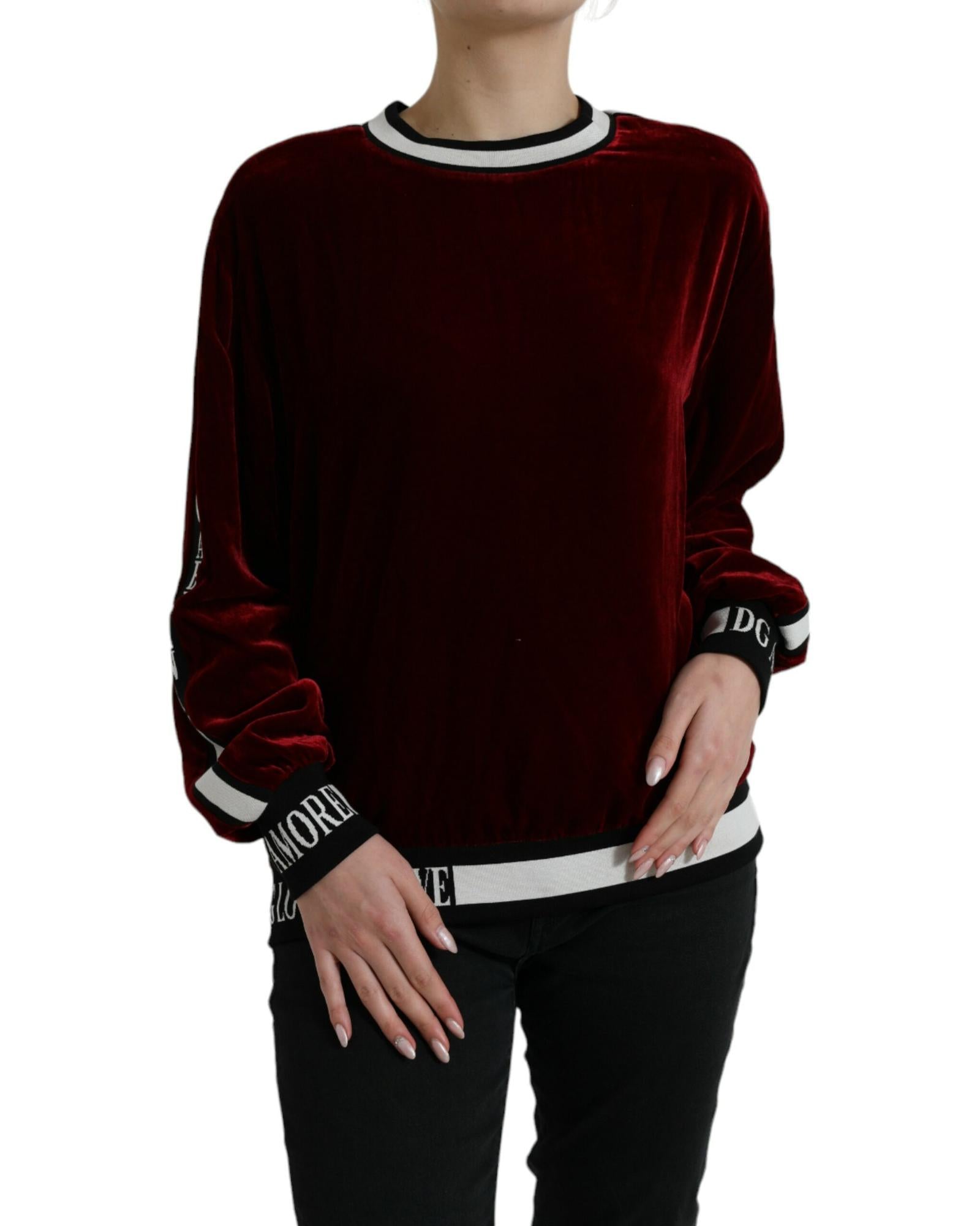Dolce & Gabbana Burgundy Velvet Round Neck Pullover Sweater Bordeaux