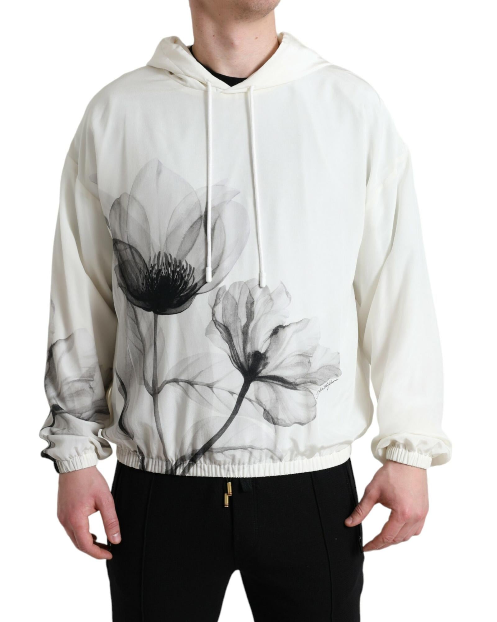 Dolce & Gabbana Men's Floral Print Silk Hoodie Regular XL White