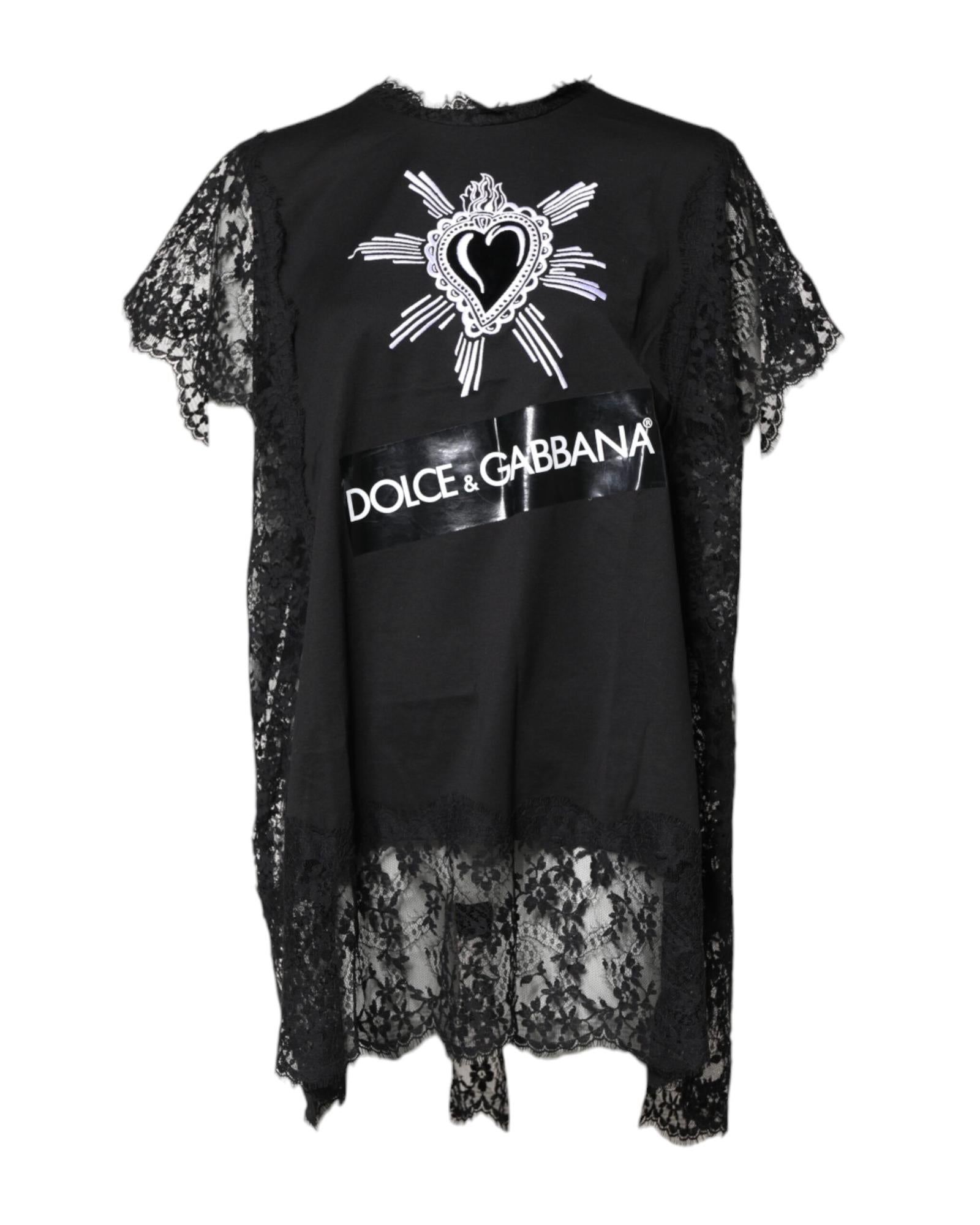 Dolce & Gabbana Lace Trim TShirt Dress Sacred Heart Graphic Women Black Tops