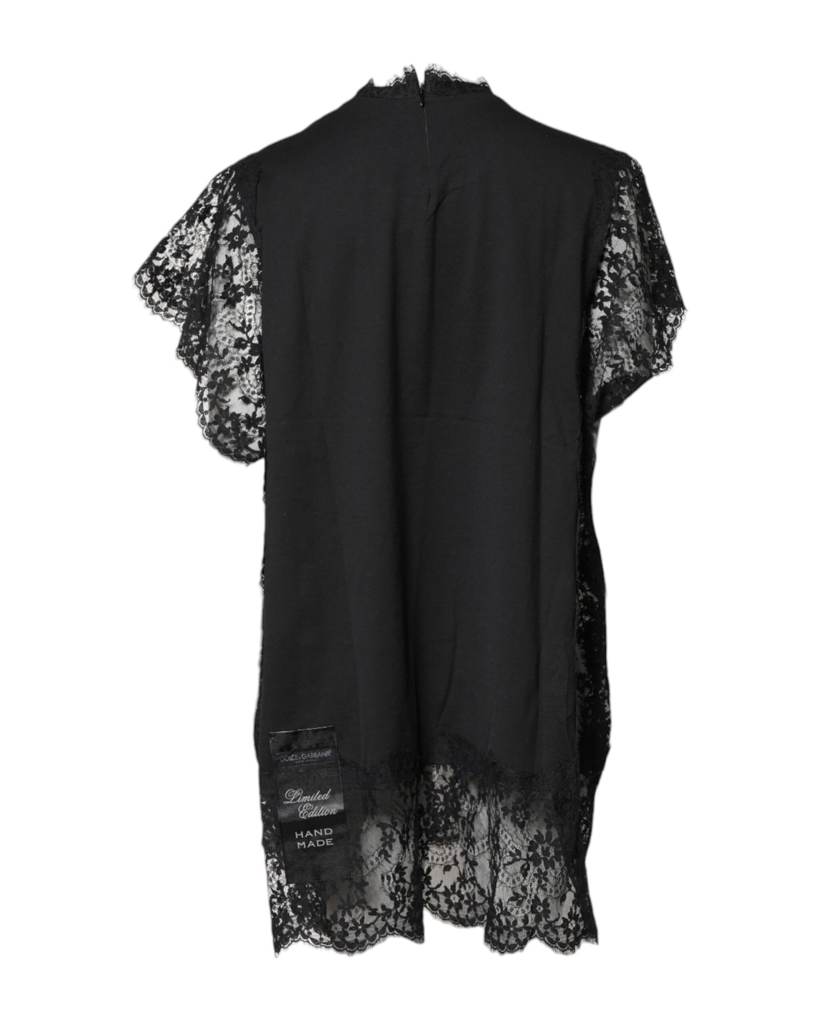 Dolce & Gabbana Lace Trim TShirt Dress Sacred Heart Graphic Women Black Tops
