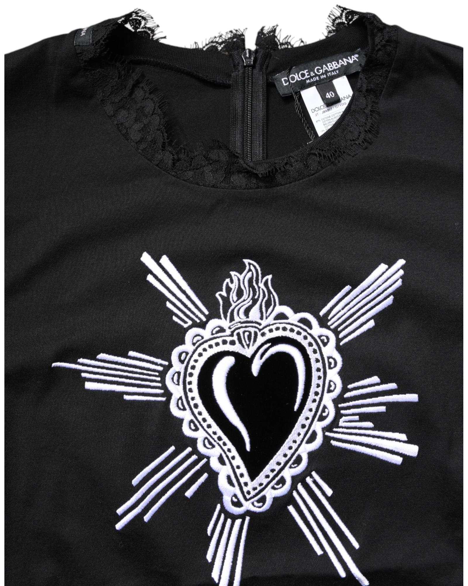 Dolce & Gabbana Lace Trim TShirt Dress Sacred Heart Graphic Women Black Tops