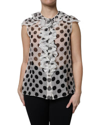 Dolce & Gabbana Polka Dot Silk Blouse Ruffled Neckline Women Black And White Tops Black And White