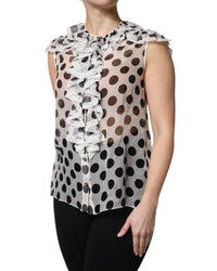 Dolce & Gabbana Polka Dot Silk Blouse Ruffled Neckline Women Black And White Tops