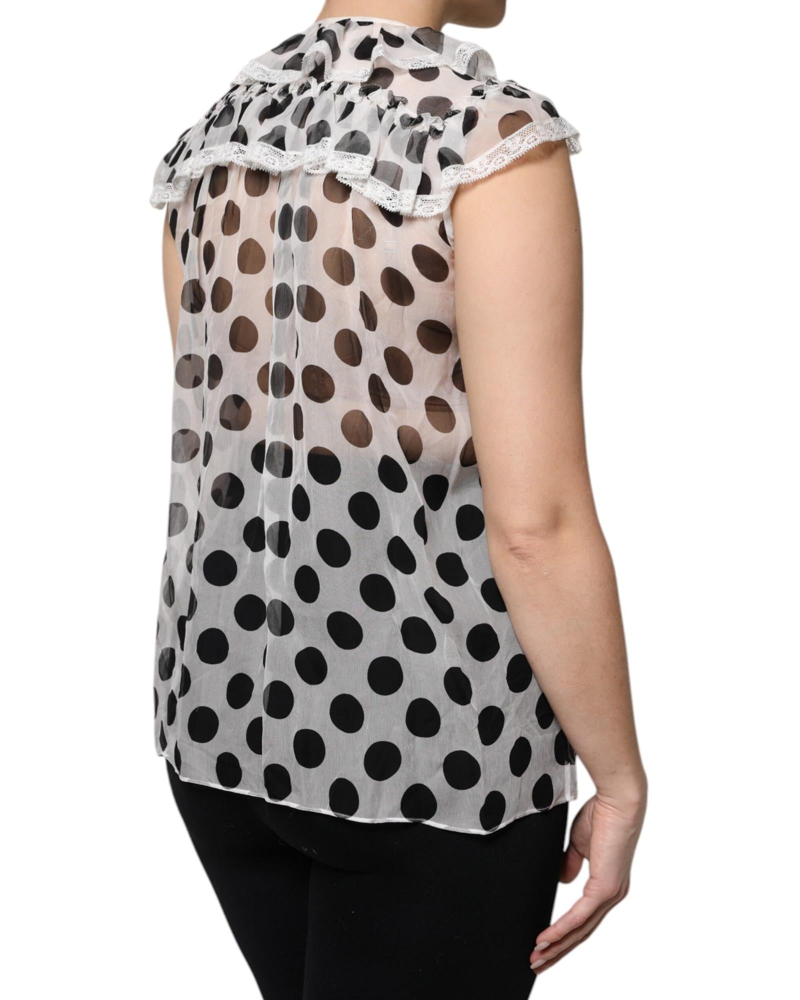 Dolce & Gabbana Polka Dot Silk Blouse Ruffled Neckline Women Black And White Tops