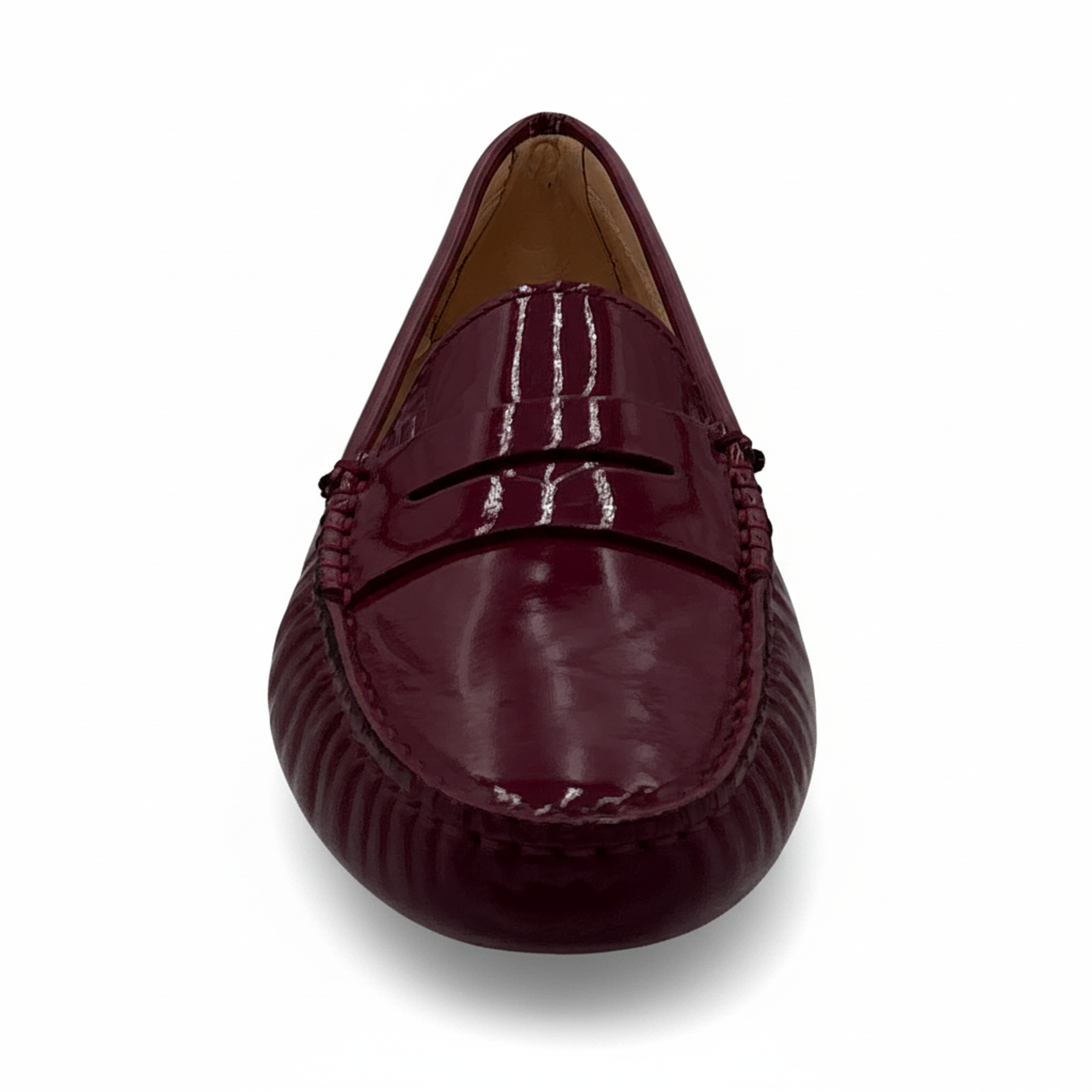 Tod’s Burgundy Patent Leather Driving Loafers with Rubber Pebble Sole