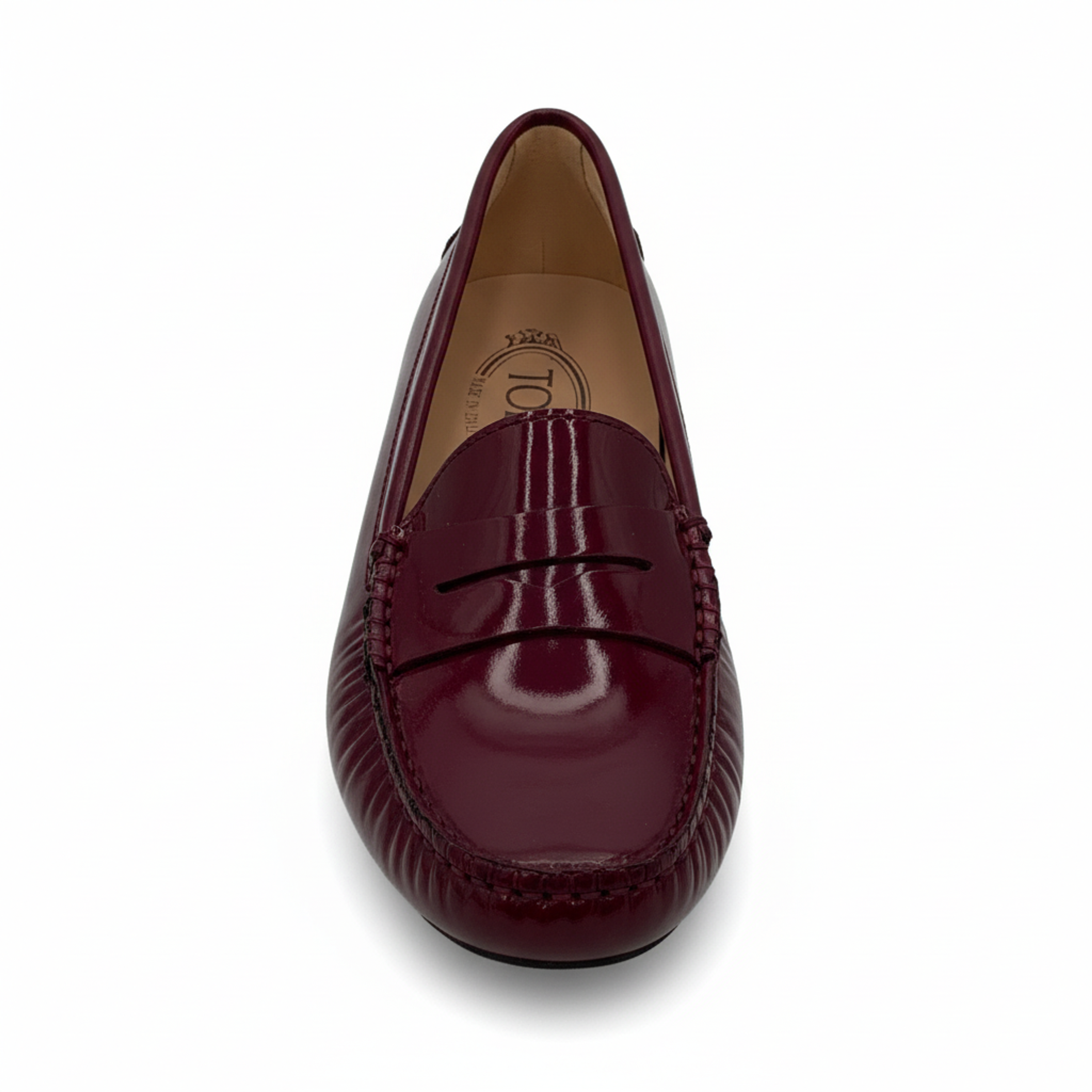 Tod’s Burgundy Patent Leather Driving Loafers with Rubber Pebble Sole