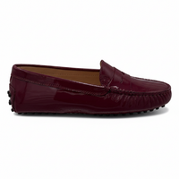 Tod’s Burgundy Patent Leather Driving Loafers with Rubber Pebble Sole