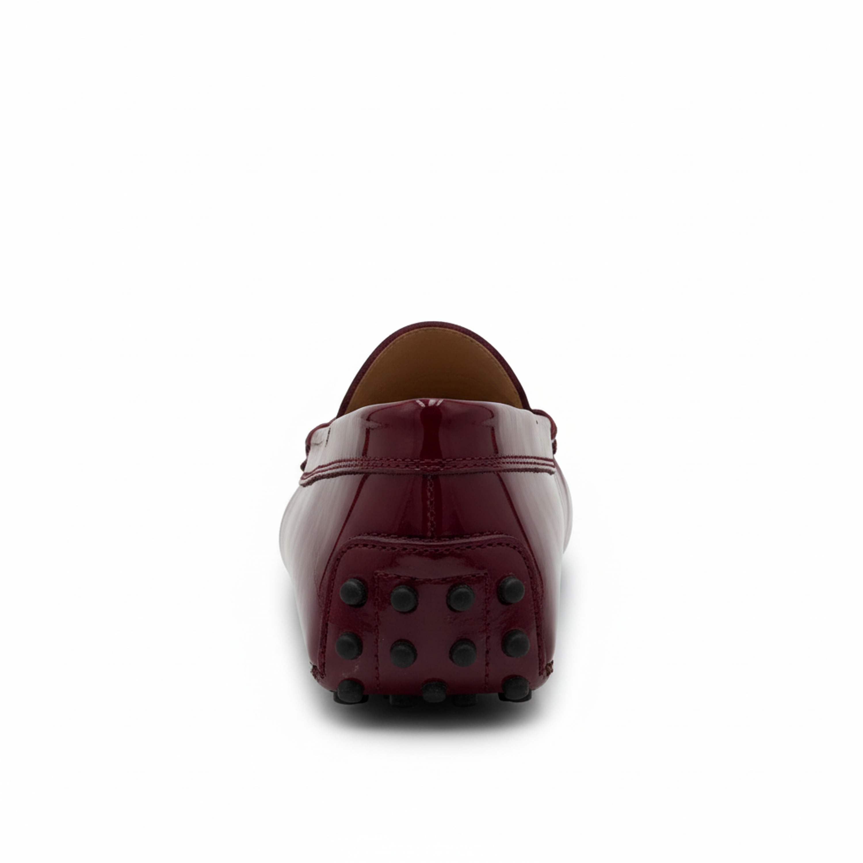 Tod’s Burgundy Patent Leather Driving Loafers with Rubber Pebble Sole
