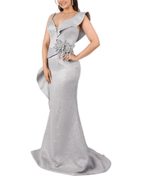 Terani Couture Side Ruffle Collar Solid Maxi Dress