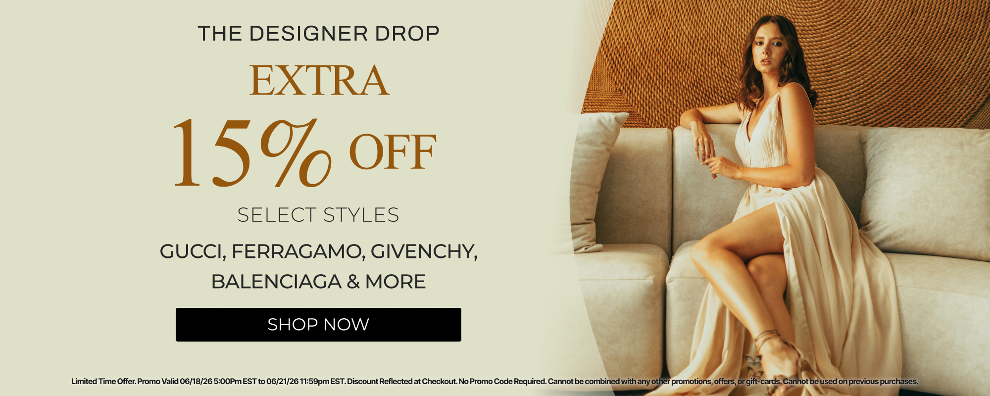 Promotional banner with a woman in a white dress sitting on a couch, featuring a discount offer on designer brands.