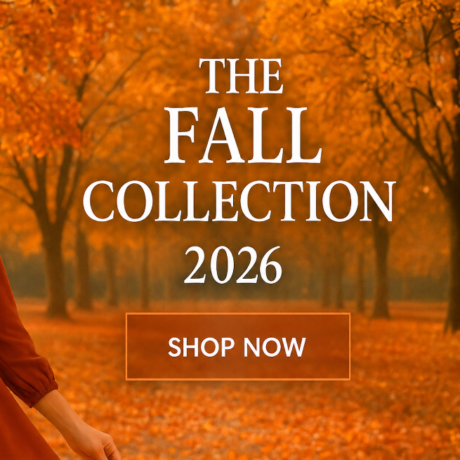 fall collection banner woman walking in the woods with turning leaves