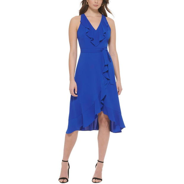 Womens Asymmetric Mid-Calf Wrap Dress