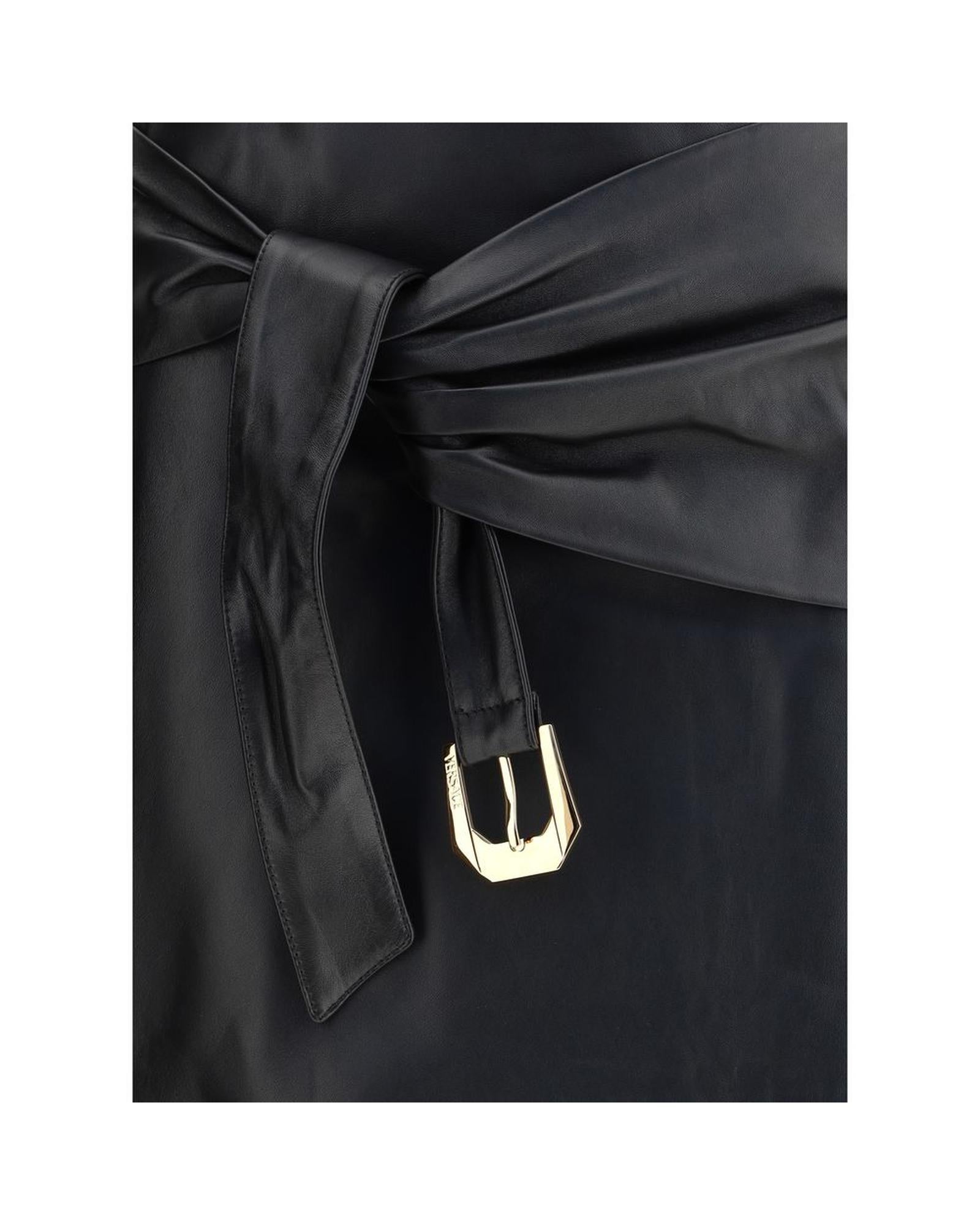 Versace Tie Waist Leather ALine Skirt Women Black