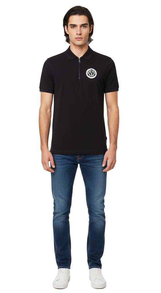 Versace Jeans Couture Men's Black Polo Shirt with Embroidered Medallion -