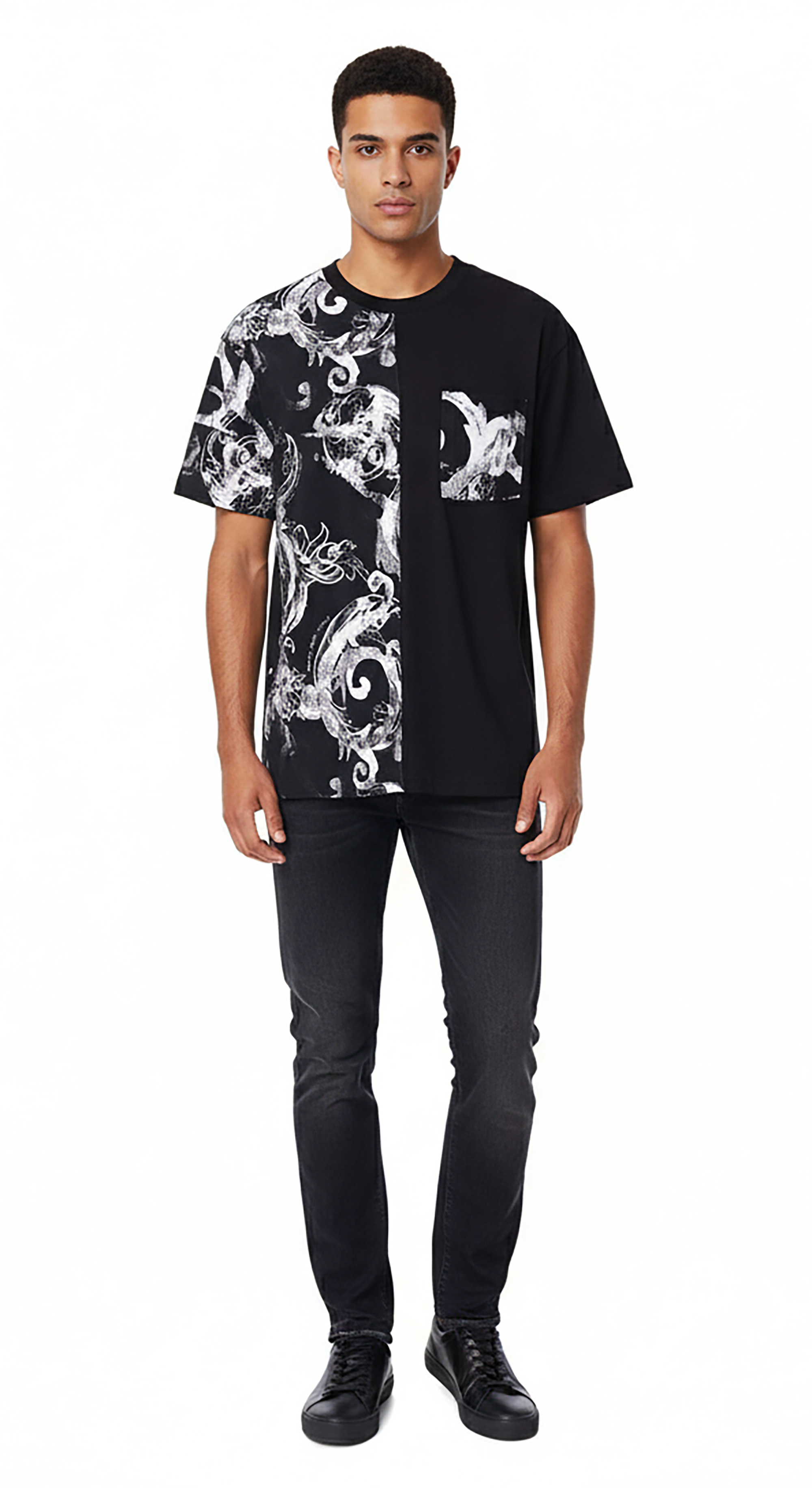 Versace Jeans Couture Black & White Baroque Split Graphic T-Shirt-