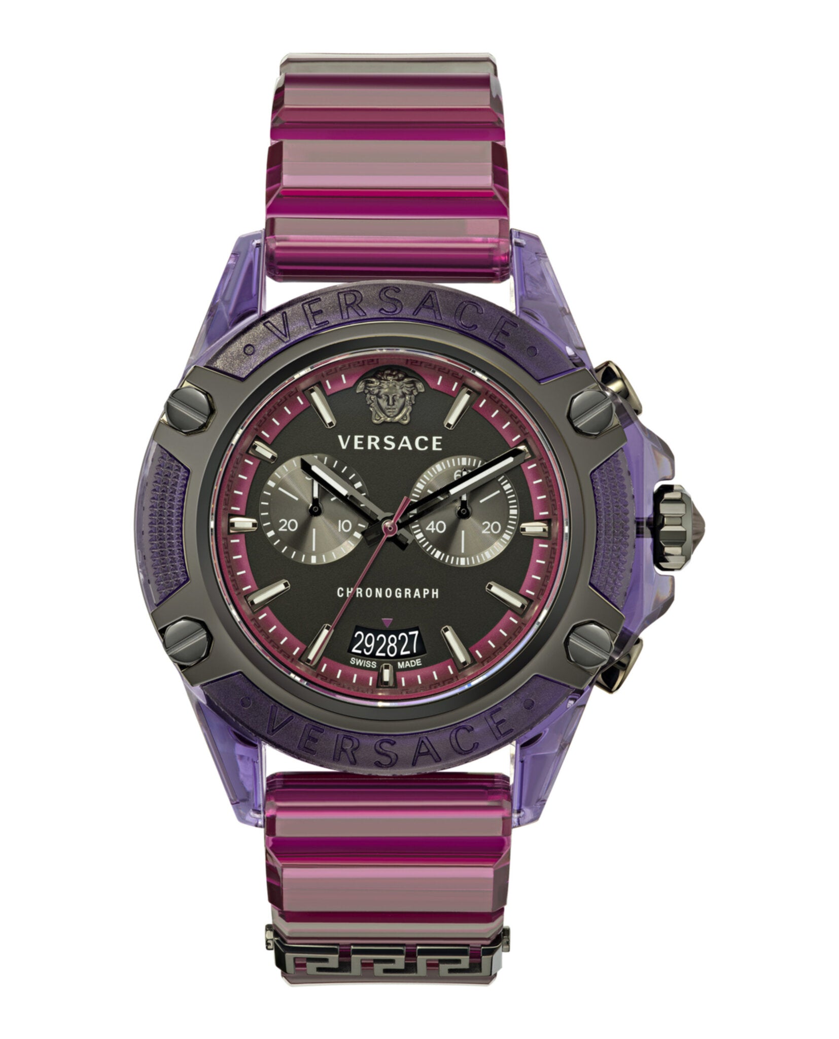 Versace Mens Icon Active Transparent Purple 44mm Strap Fashion Watch Transparent Purple