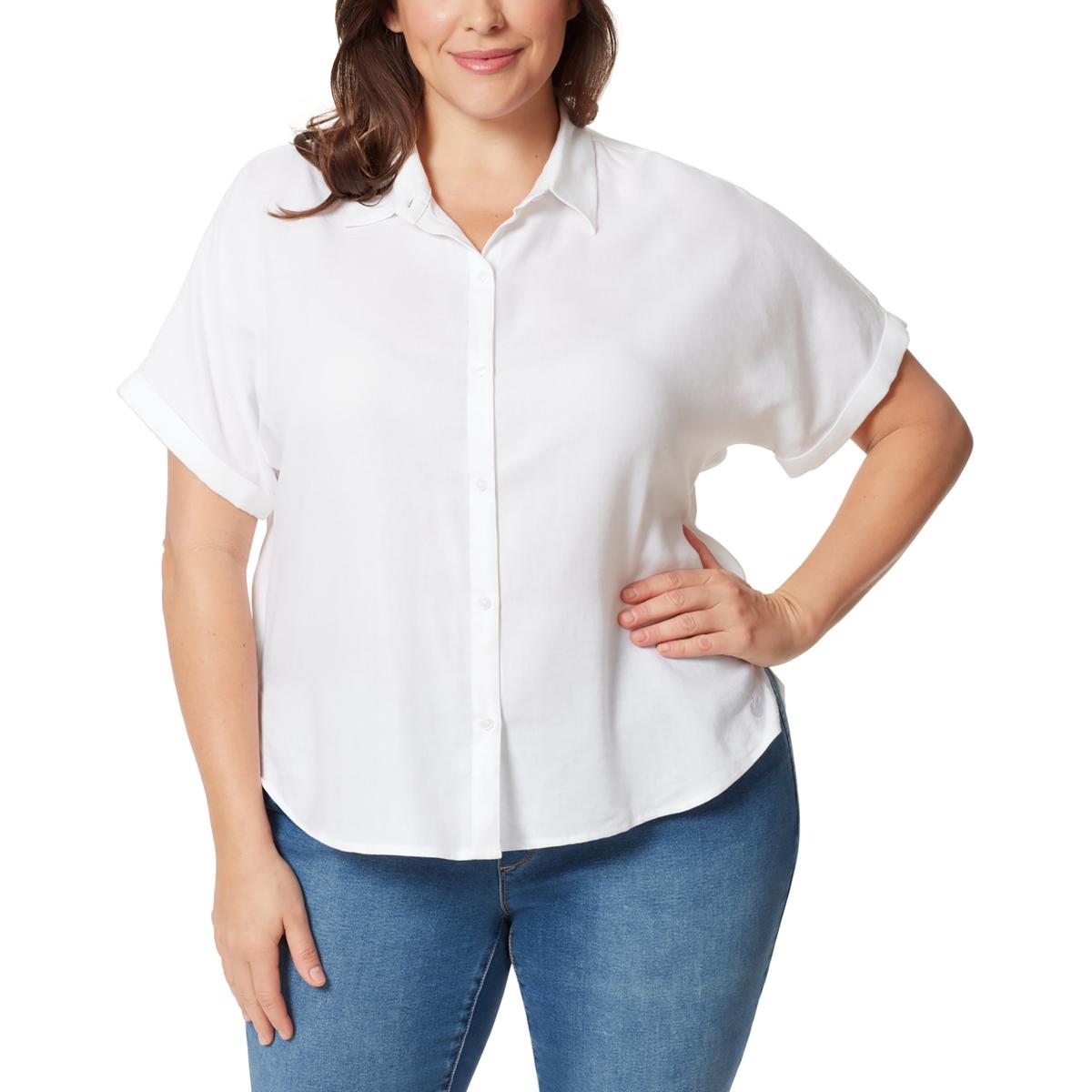 Plus Womens Collared Cuff Sleeves Button-Down Top
