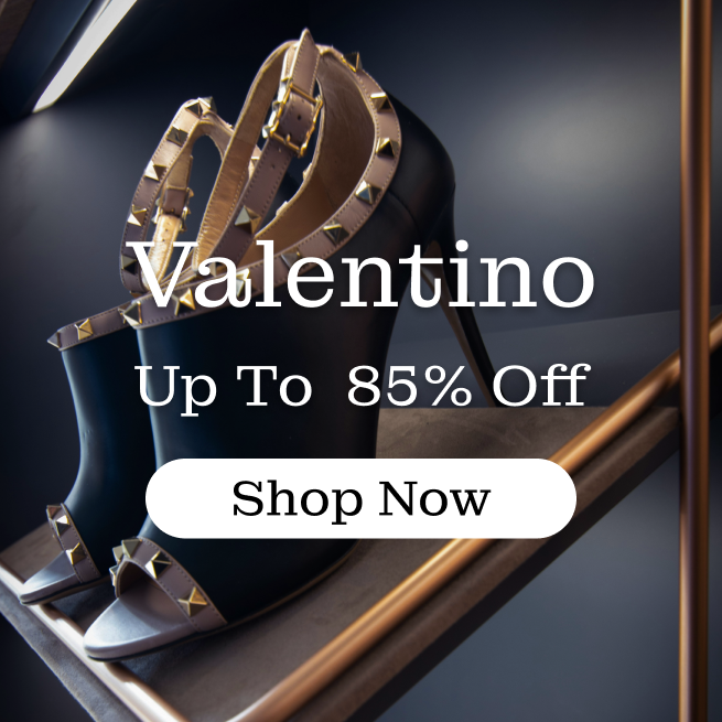 black rock stud heals on a wood shelf with 'Valentino' branding up to 85 percent off, set against a dark back ground
