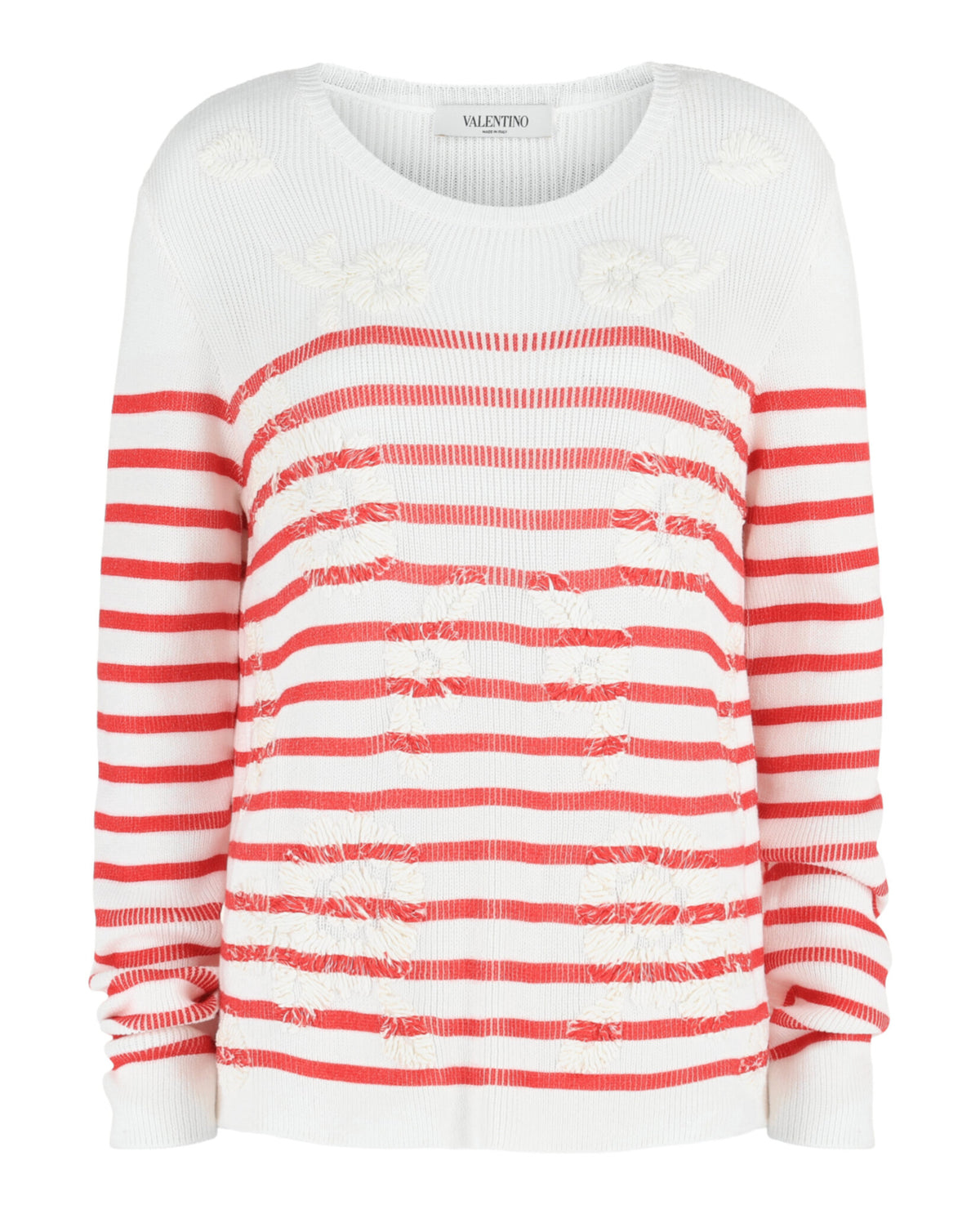 Valentino Womens Floral Embroidered Striped Cotton Knit Sweater