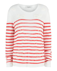 Valentino Womens Floral Embroidered Striped Cotton Knit Sweater