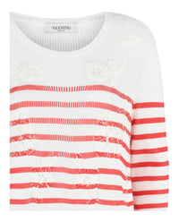 Valentino Womens Floral Embroidered Striped Cotton Knit Sweater