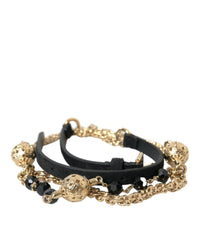 Dolce & Gabbana Black Leather Bracelet with Gold-Tone Chain and Beads Gold Black