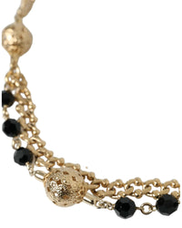 Dolce & Gabbana Black Leather Bracelet with Gold-Tone Chain and Beads