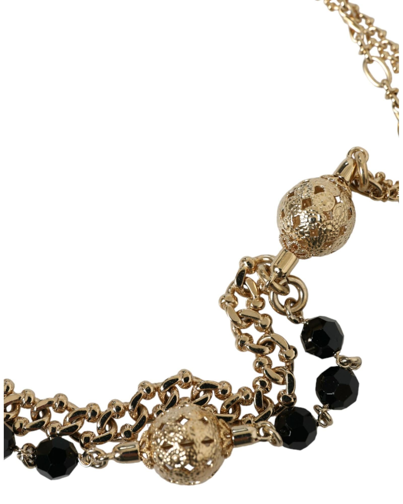 Dolce & Gabbana Black Leather Bracelet with Gold-Tone Chain and Beads