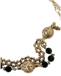 Dolce & Gabbana Black Leather Bracelet with Gold-Tone Chain and Beads