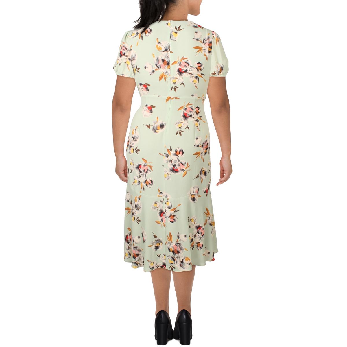 Womens Puff Sleeve V Neck Midi Dress