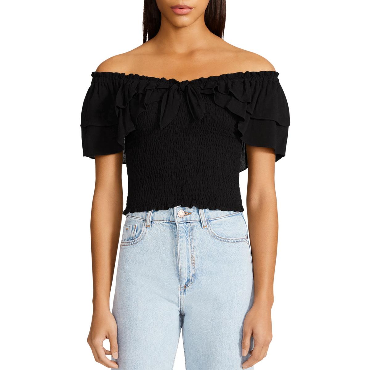 Did I Flutter Womens Smocked Ruffled Pullover Top Regular 0 (XS) Black