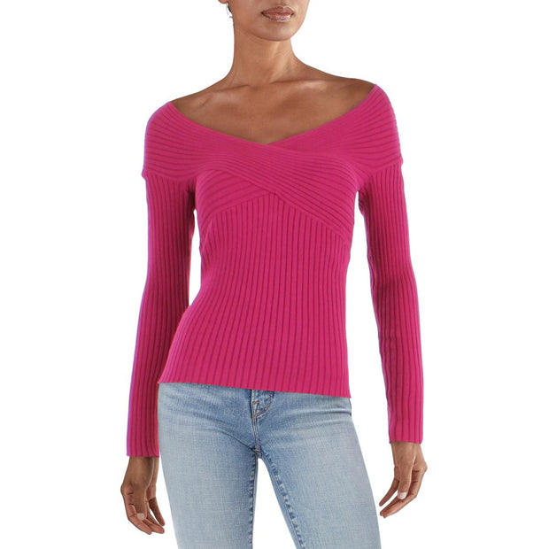 Womens Ribbed Stretch Plunge-Neck Pullover Sweater