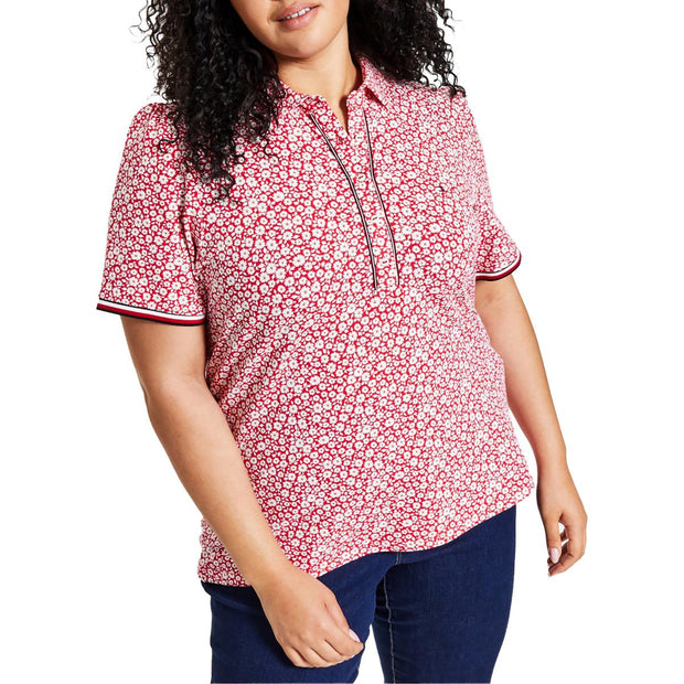 Plus Womens Floral Collared Polo Top